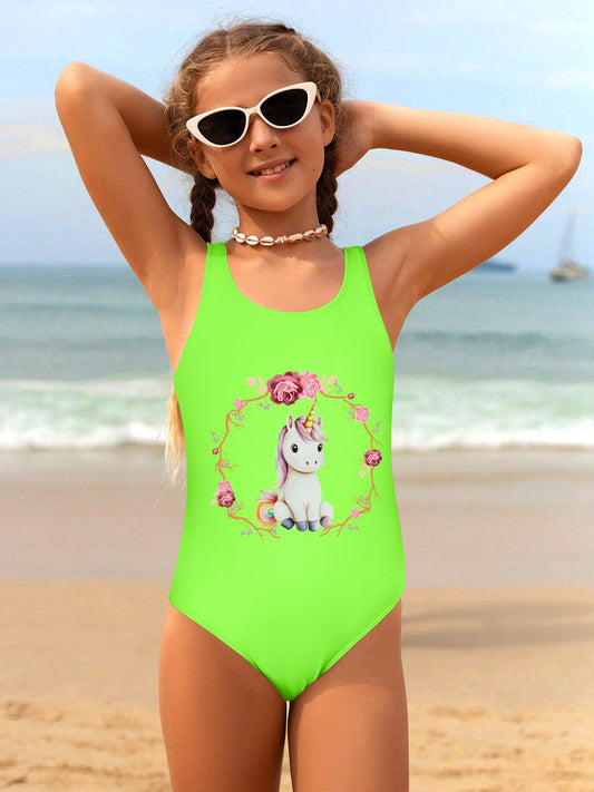 Baby Unicorn with Pink Roses Girls' Summer One-Piece Swimsuit (Front Printing)