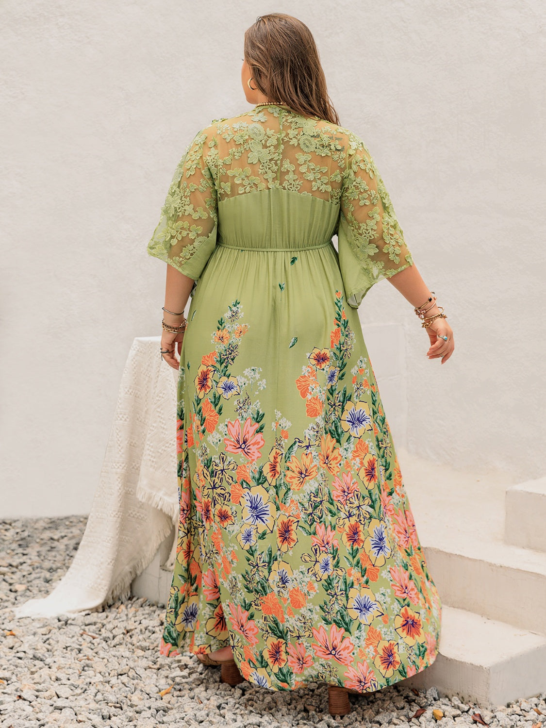 Women's Plus Size Lace Detail Floral Half Sleeve Maxi Dress