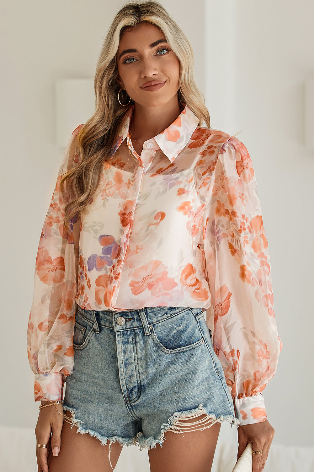 Women's White Floral Print Balloon Sleeve Loose Shirt