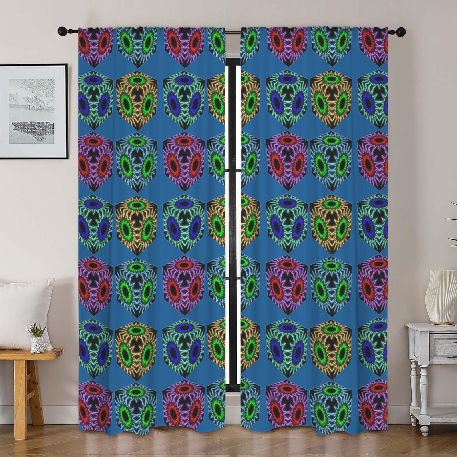 Decorative curtain with colorful geometric pattern on a blue background