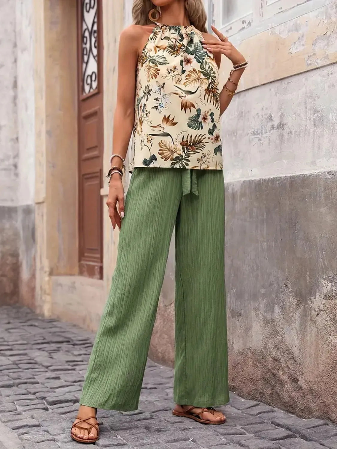 Women's Printed Tank Top and Wide Leg Pants Set Outfit