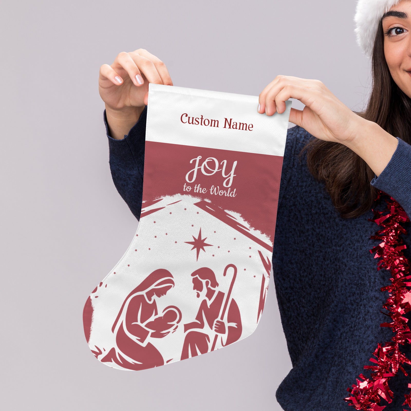 Personalizable Red Joy to the World Christmas Stocking (Made in USA)