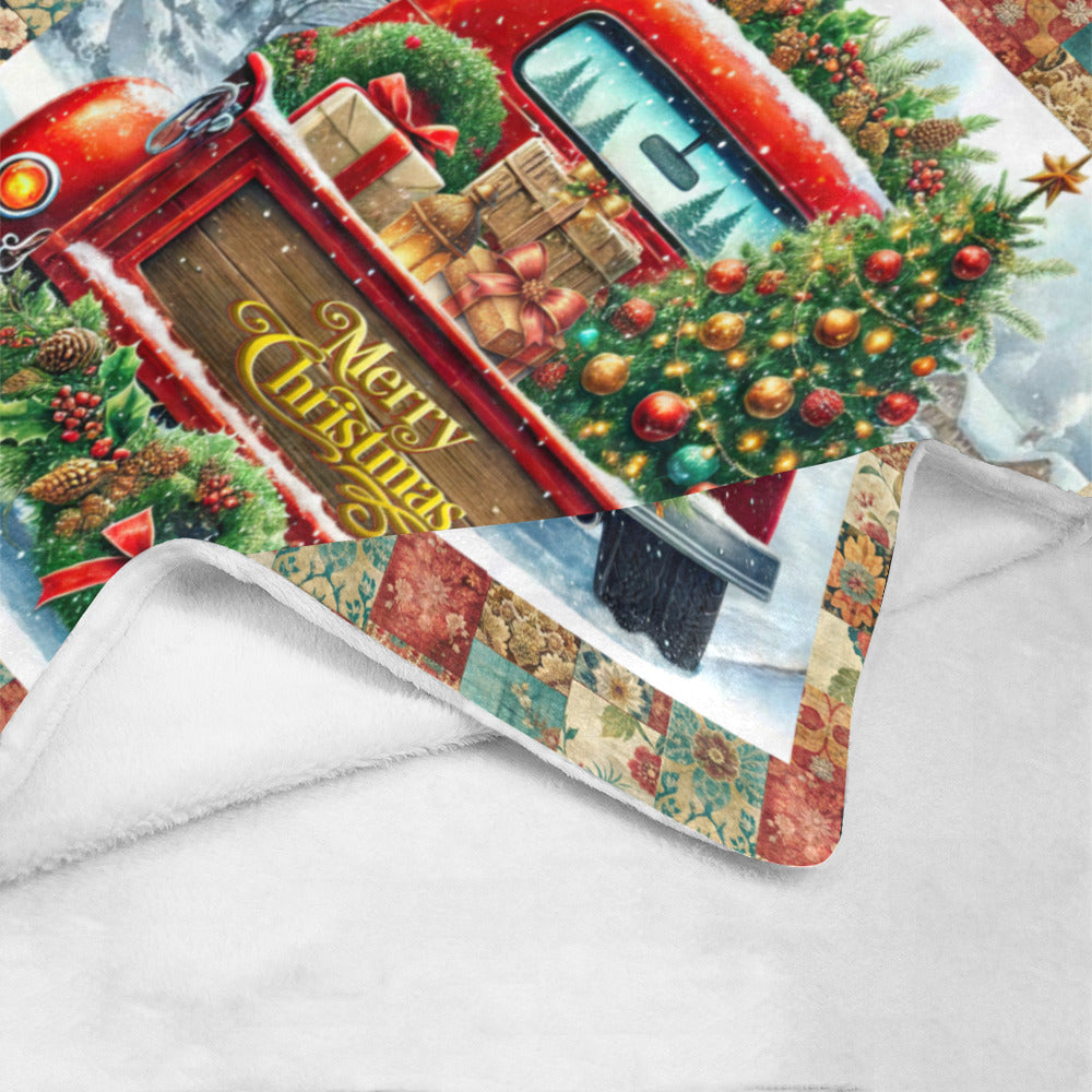 Christmas Vintage Truck Faux Patchwork Quilt Micro Fleece Blanket (Made in USA)