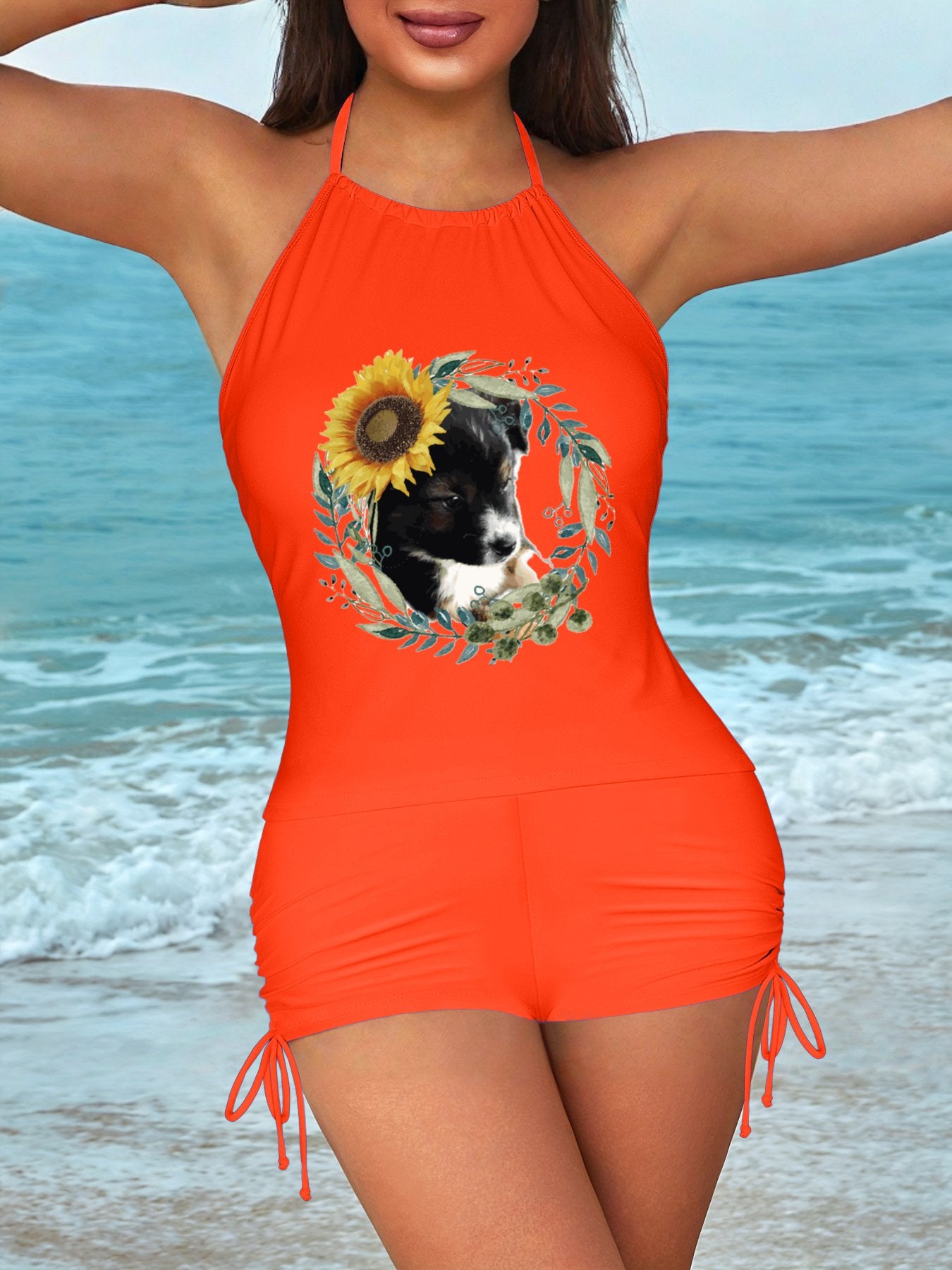 Cute Black Puppy Tankini Swimsuits with Shorts for Women (Front Printing)