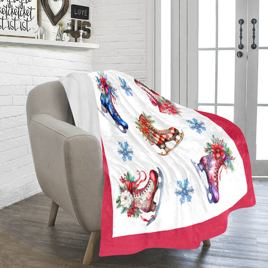 Christmas Ice Skates Faux Red Border Ultra-Soft Micro Fleece Blanket (Made in USA)