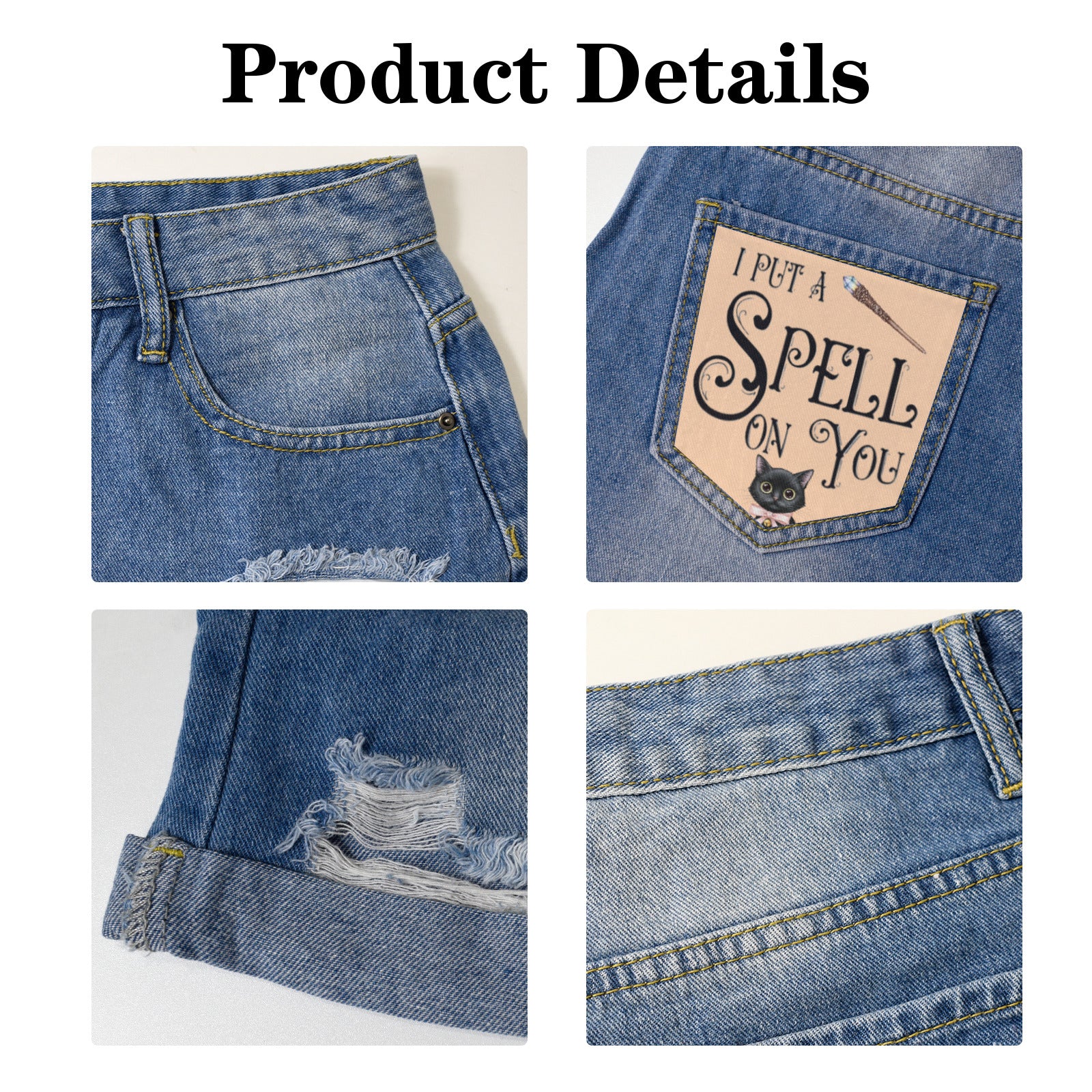 I Put a Spell On You Light-Wash Blue Denim Shorts (Dual Pockets Print)