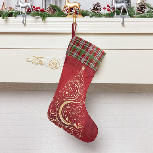 Gold Christmas Tree on Red Sequin Christmas Stocking (Made in USA)