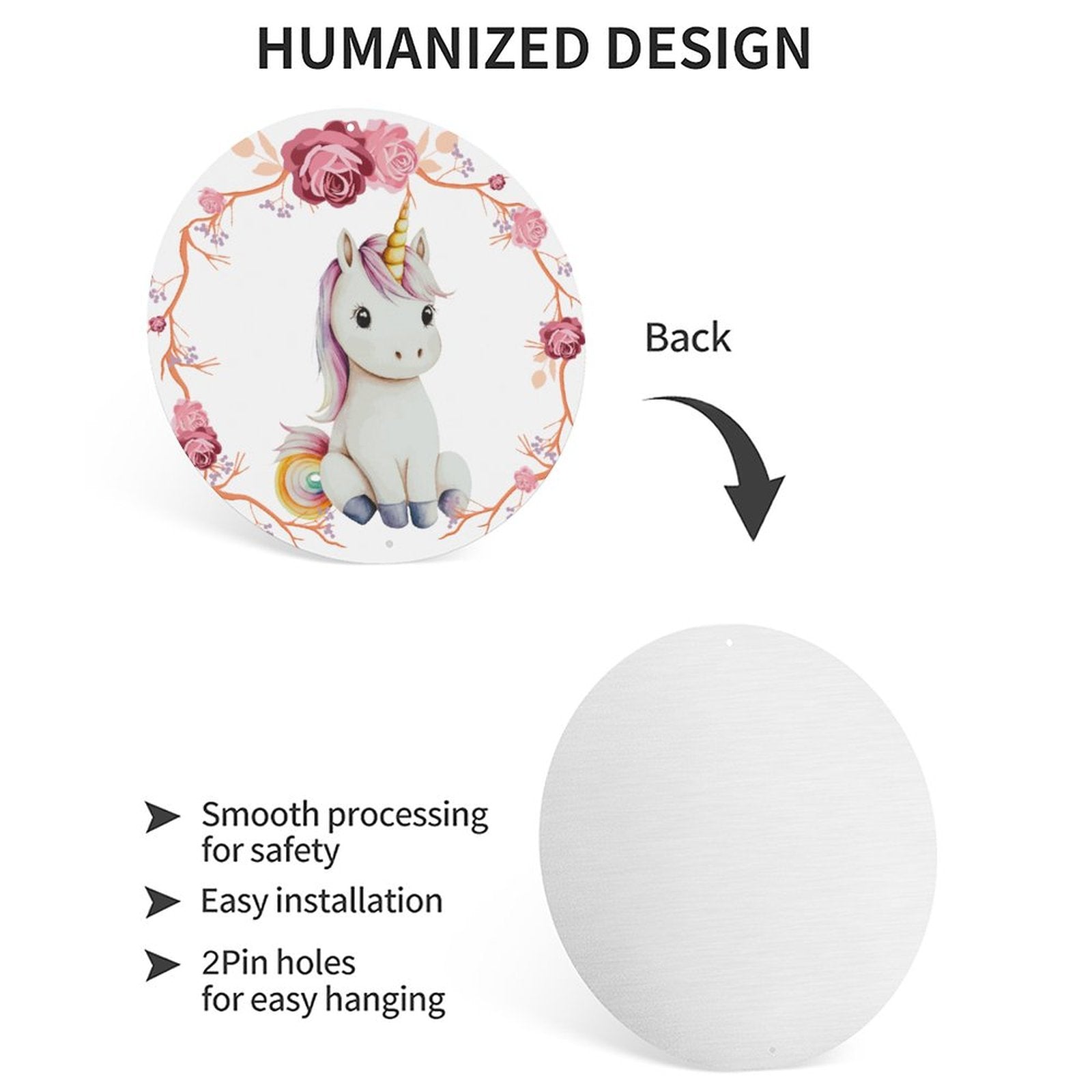 Baby Unicorn with Pink Roses Round Aluminum Plaque Painting