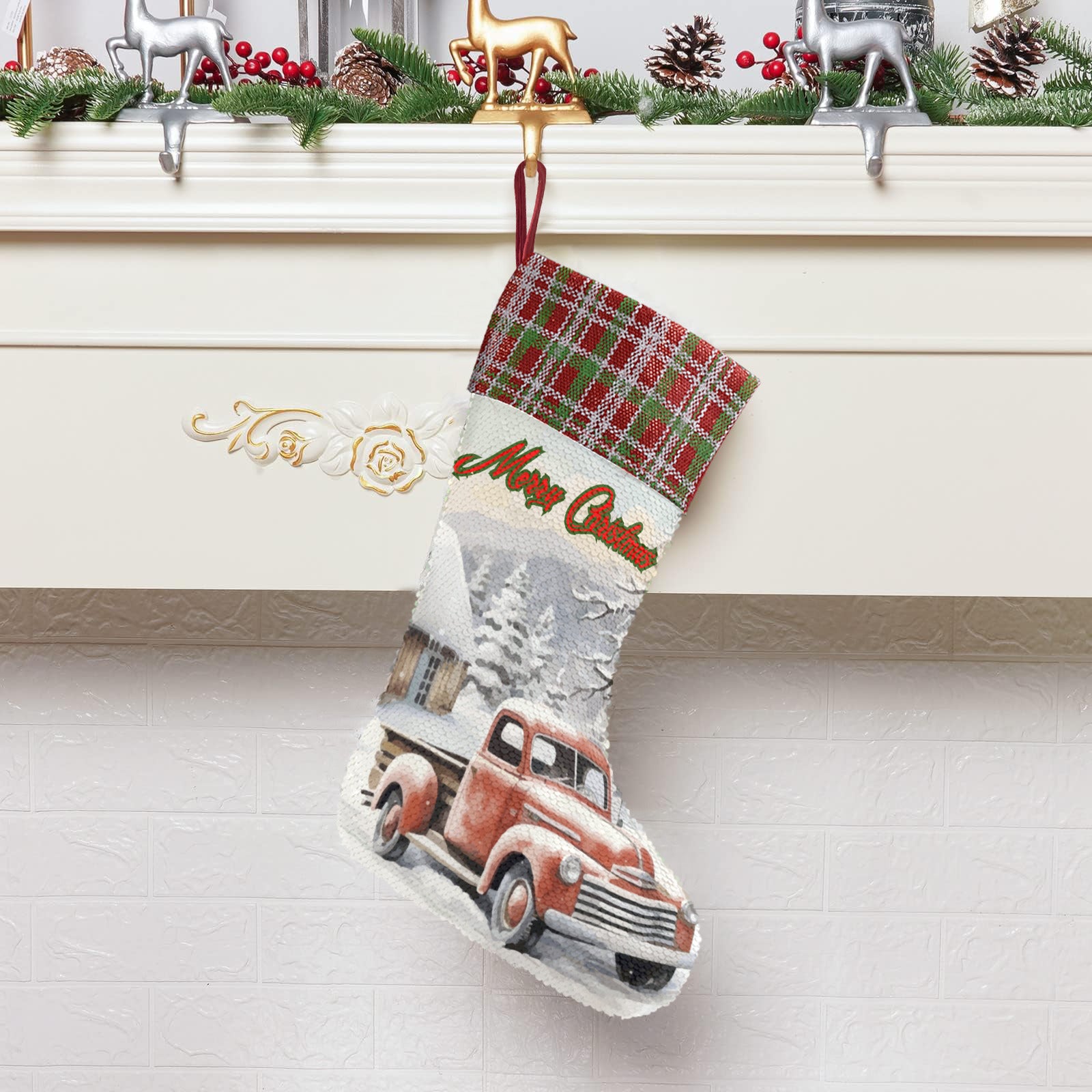 Merry Christmas Vintage Truck Sequin Christmas Stocking (Made in USA)