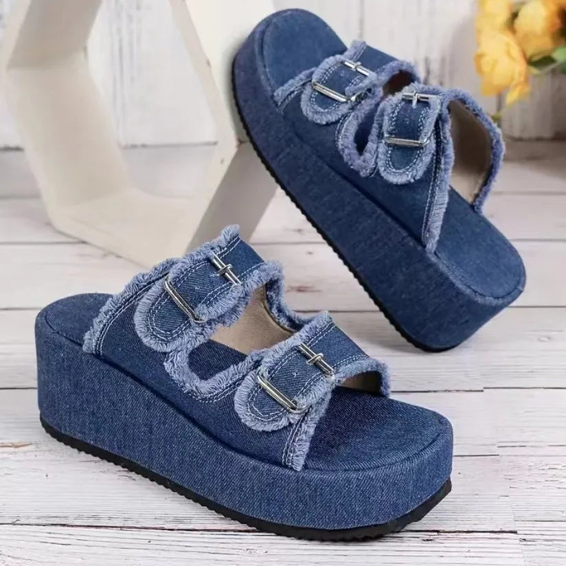 Women's Raw Hem Wedge Buckle Sandals