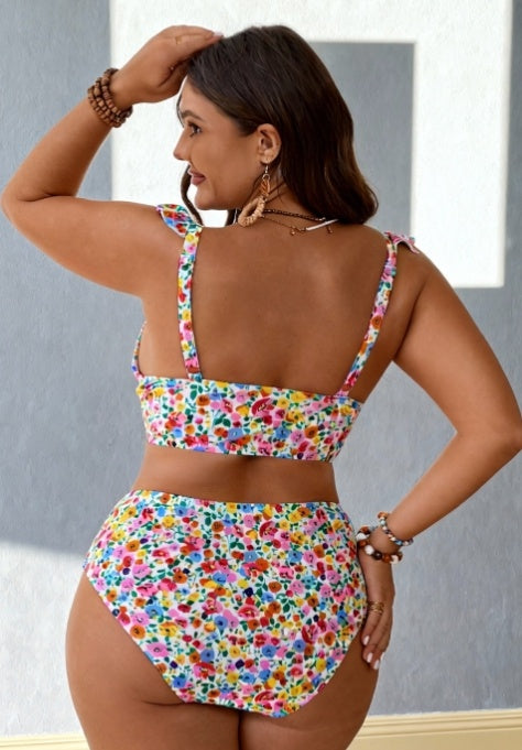 Women's Plus Size Colorful Floral Pattern Ruffled 2-piece Casual Swimsuit