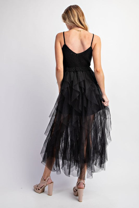Lovely Tulle Crochet Top Midi Dress with Spaghetti Straps