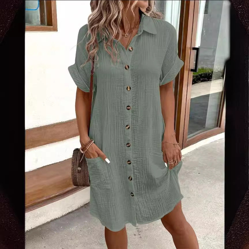 Women's Fashion Solid Color Single-breasted Loose Shirt Dress