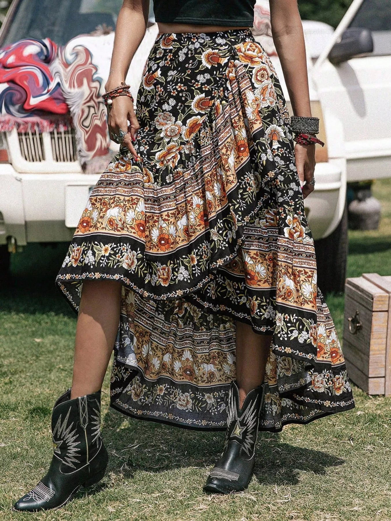 Plus Size Boho Floral Print High-Low Skirt