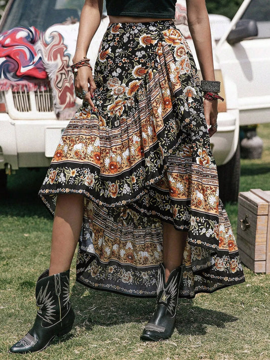 Plus Size Boho Floral Print High-Low Skirt