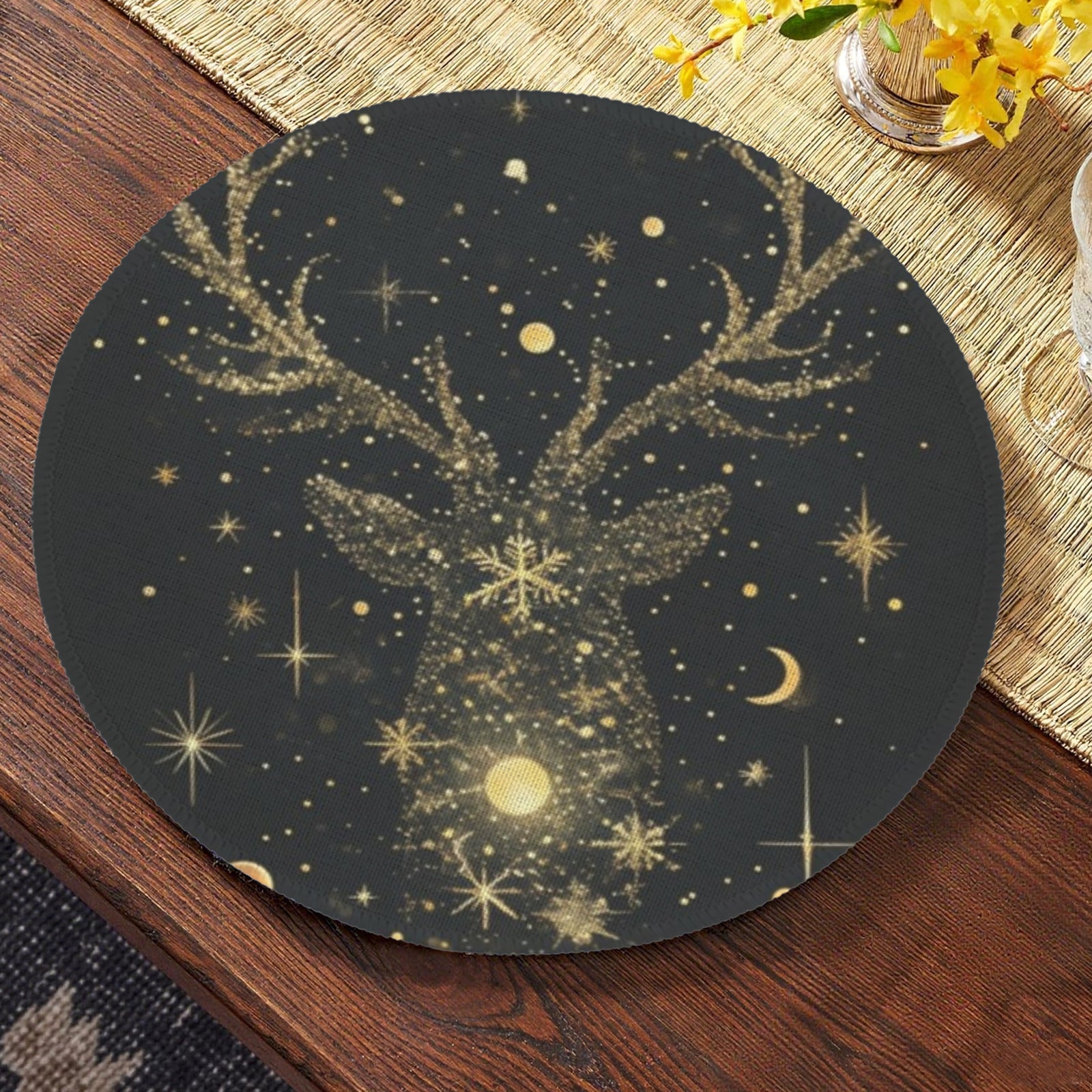 Golden Reindeer And Snowflakes On Black Christmas Custom Round Placemats - 4 pack (Made in USA)