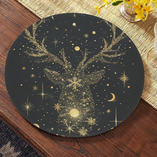 Golden Reindeer And Snowflakes On Black Christmas Custom Round Placemats - 4 pack (Made in USA)