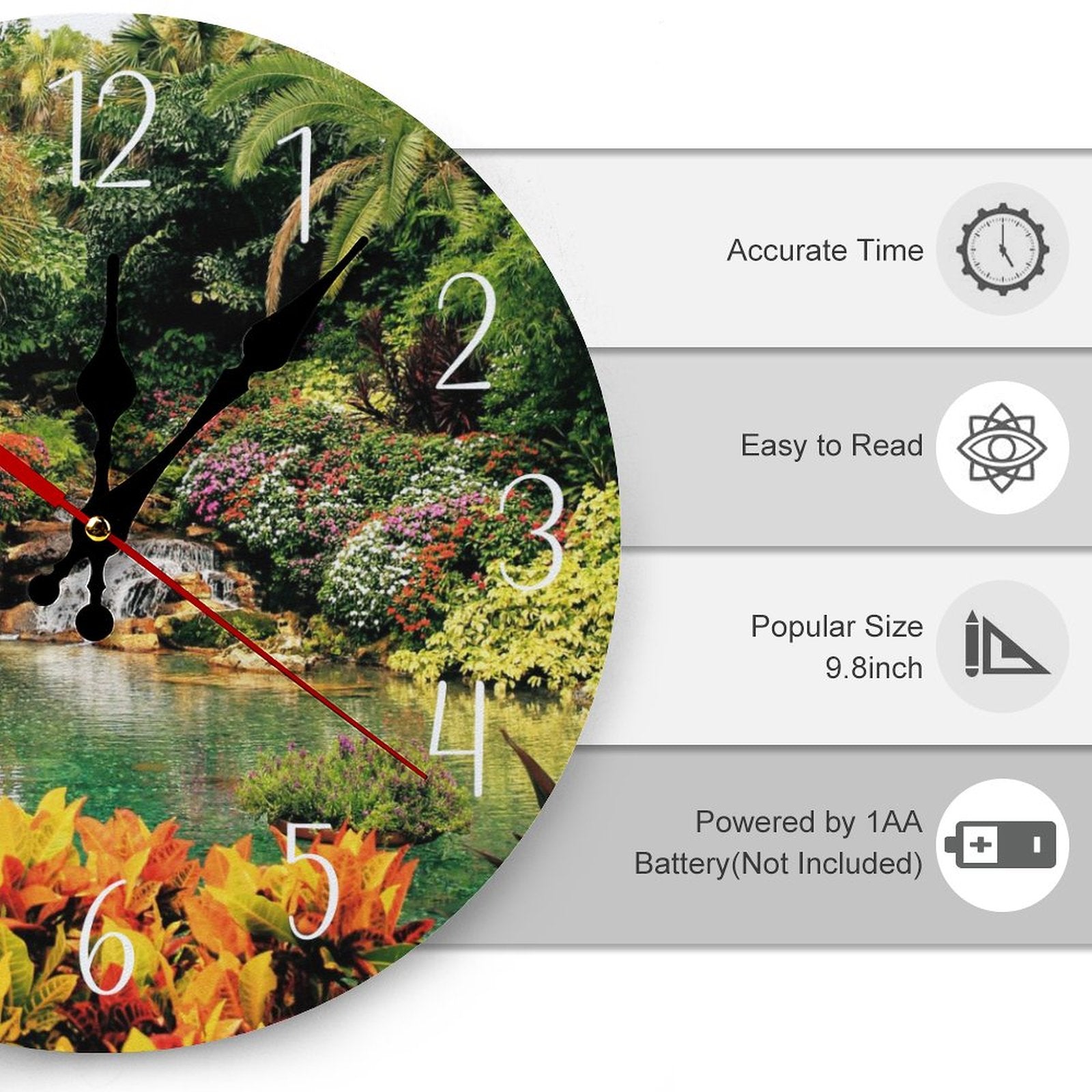 Serene Tropical Garden and Waterfall Modern Wooden Wall Clock