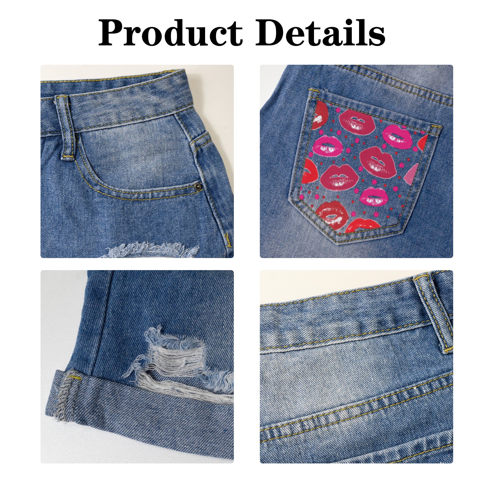 Glossy Red Lips Light Blue Denim Shorts with Dual Pockets Design