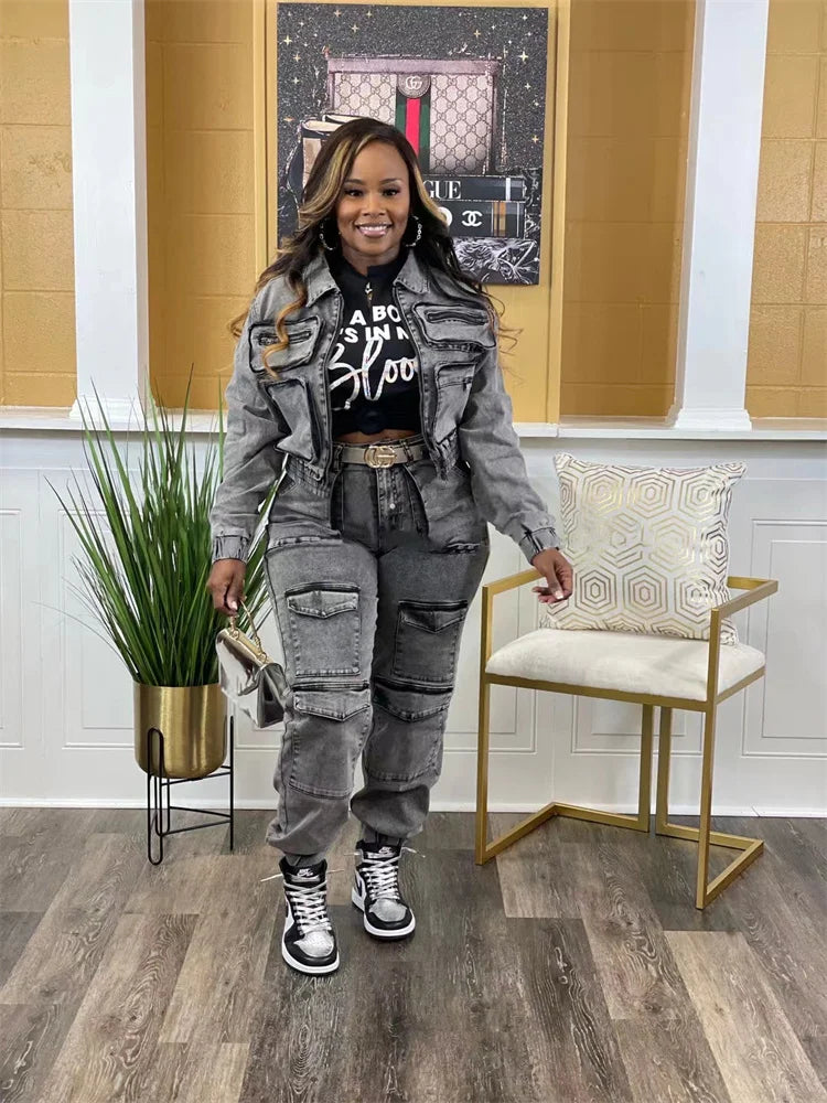 Wmstar Denim 2 Piece Set Women Jacket and Cargo Pants