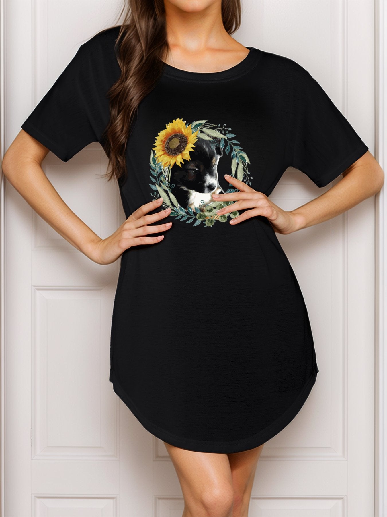 Cute Black Puppy Casual Summer Short T-Shirt Dress (Front printing) Black / S Cute Black Puppy Casual Summer Short T-Shirt Dress (Front printing) Black / S