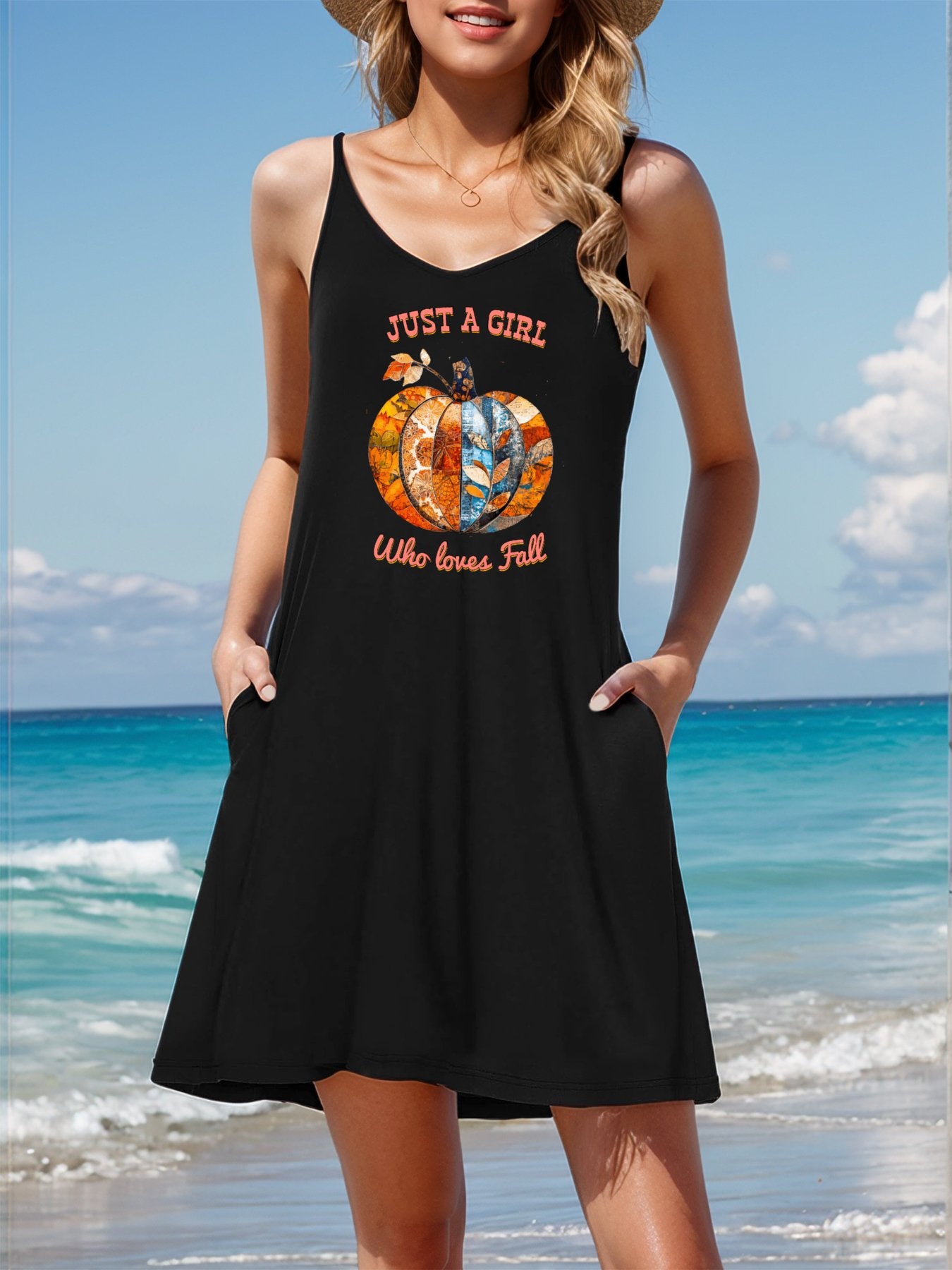 Just a Girl Who Loves Fall Pumpkins Sleeveless U-Neck Cami Dress for Women (Front Printing)