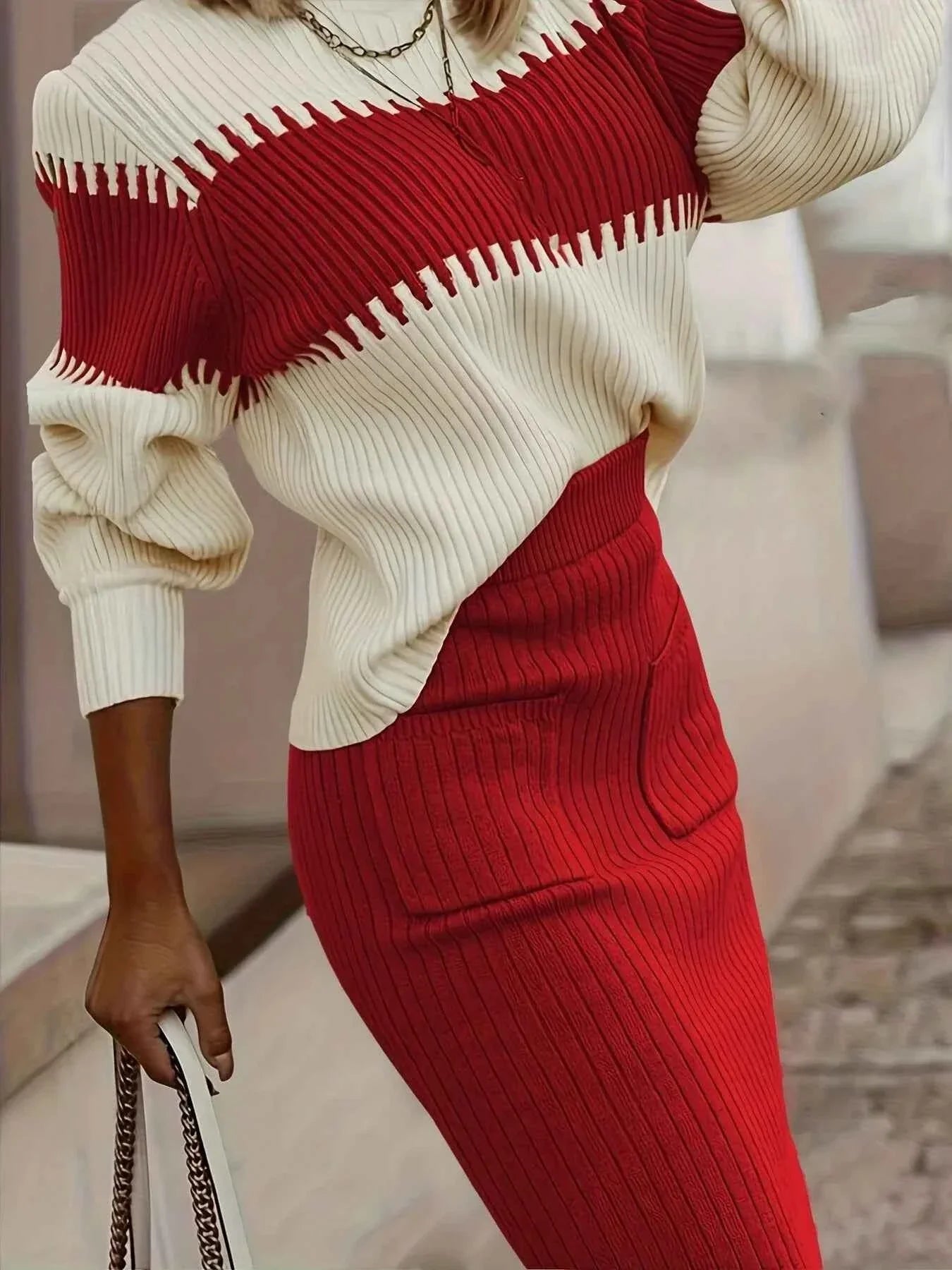 Two-Tone Ribbed Knit Top & Skirt Set Sweater Outfit