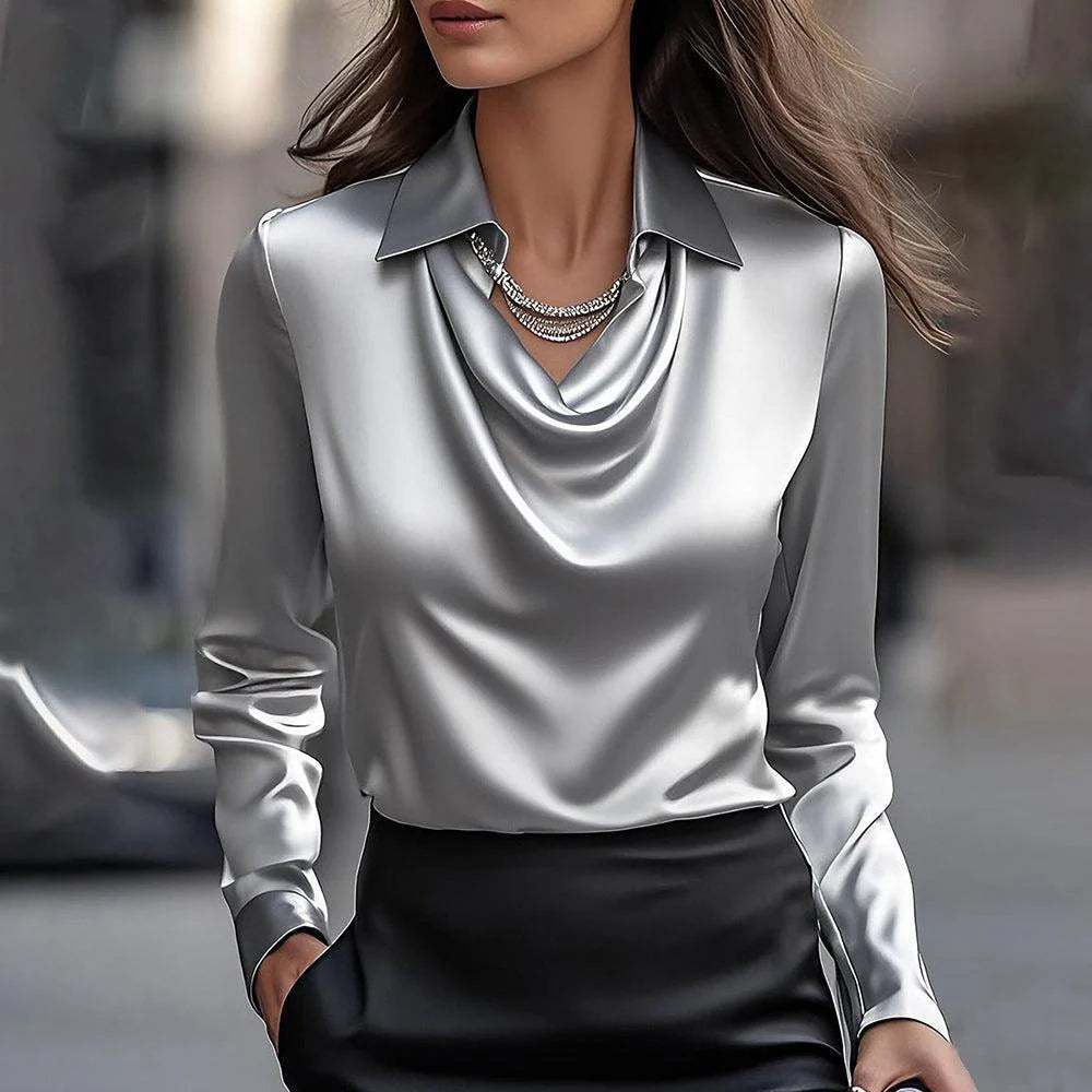 Women's Satiny Cowl Neck Elegantly Draped Long Sleeve Blouse