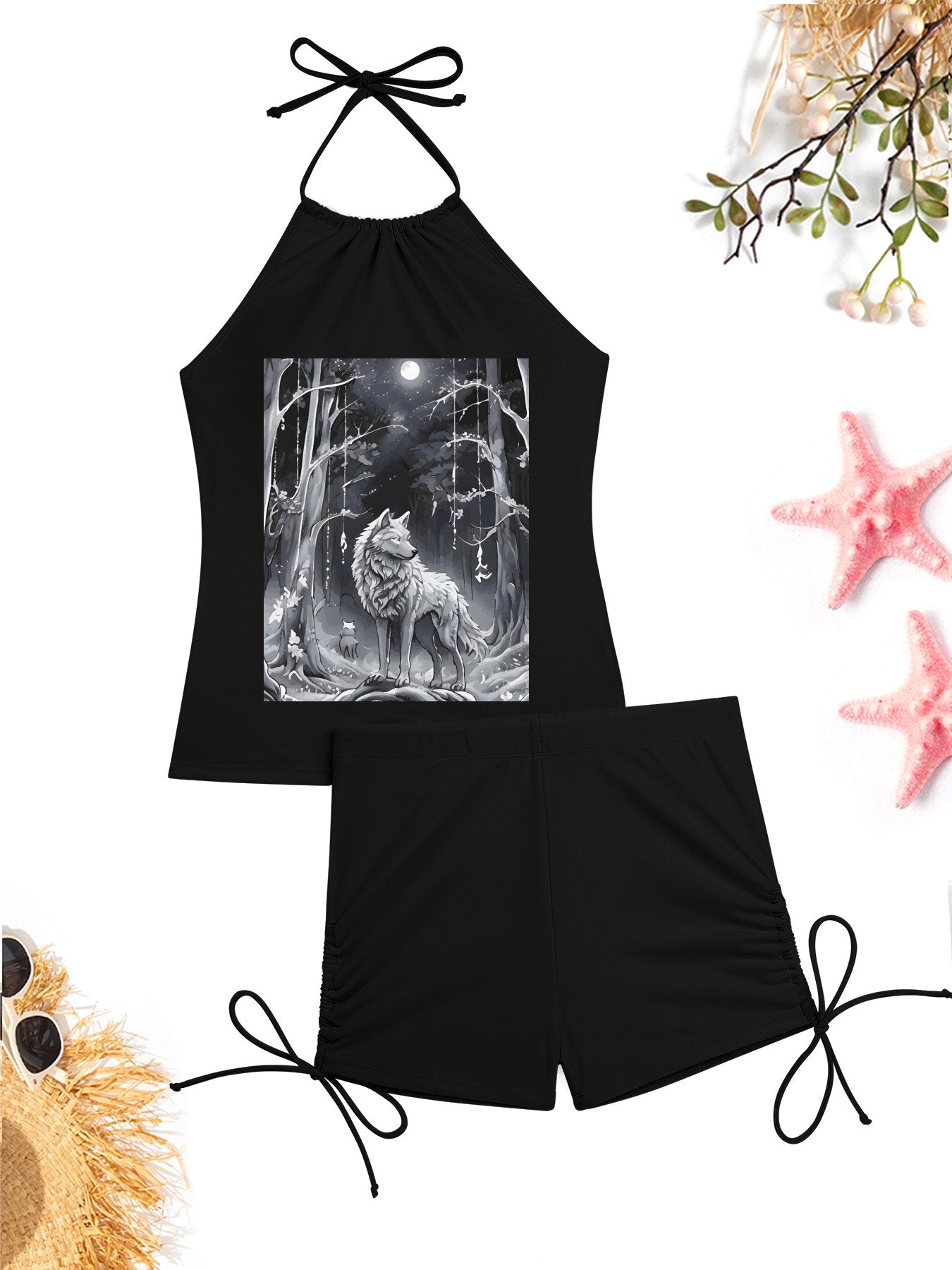 Ethereal Wolf in the Moonlight Tankini Swimsuit with Shorts for Women (Front Printing)