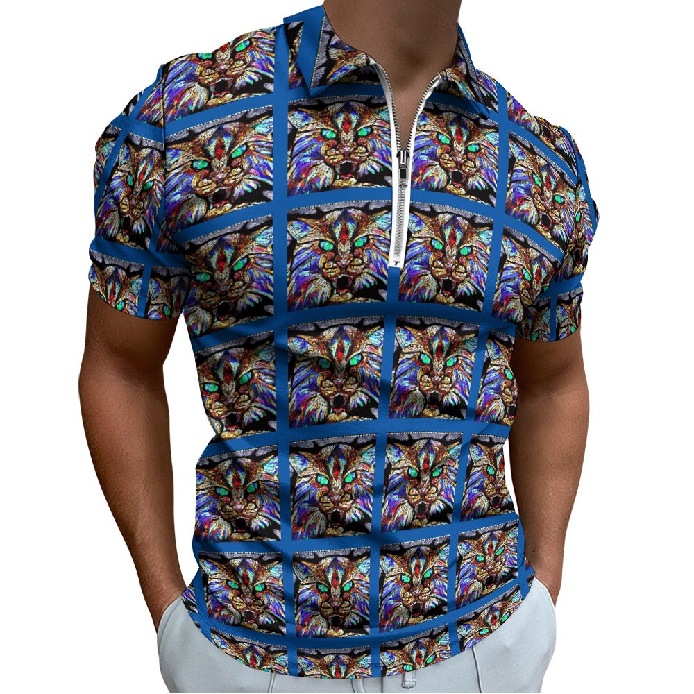 Men's Blue Wildcat Pattern Short Sleeve Polo Shirt