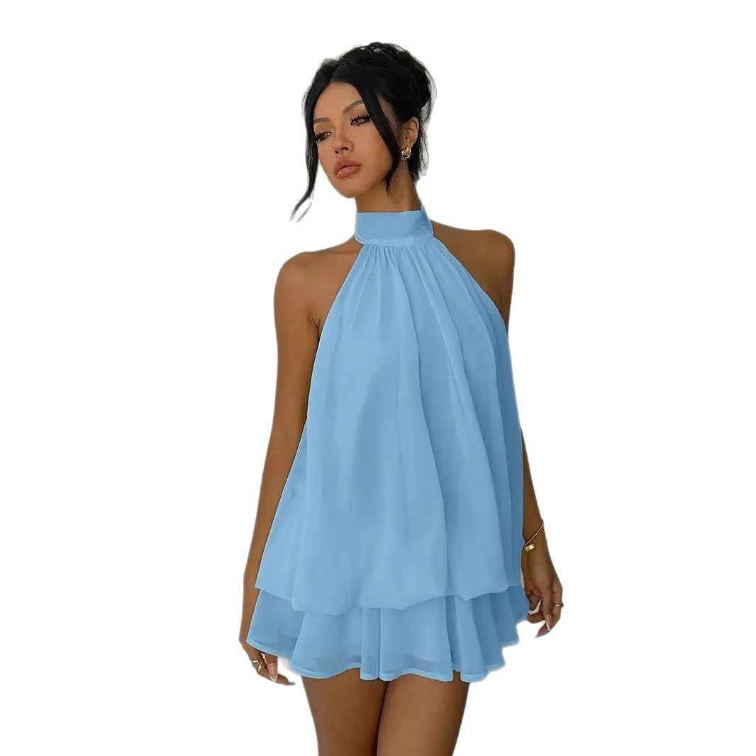 Chiffon Halter Tea Length Dress Sassy Skirt