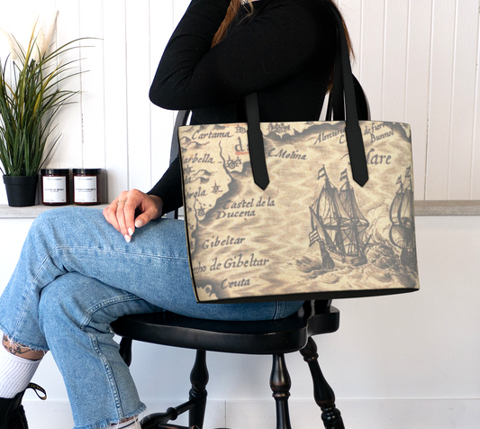 Old Map Design Vegan Leather Tote Bag