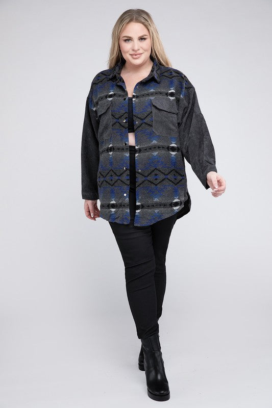 Women's Plus Size Printed Button Down Long Sleeve Jacket