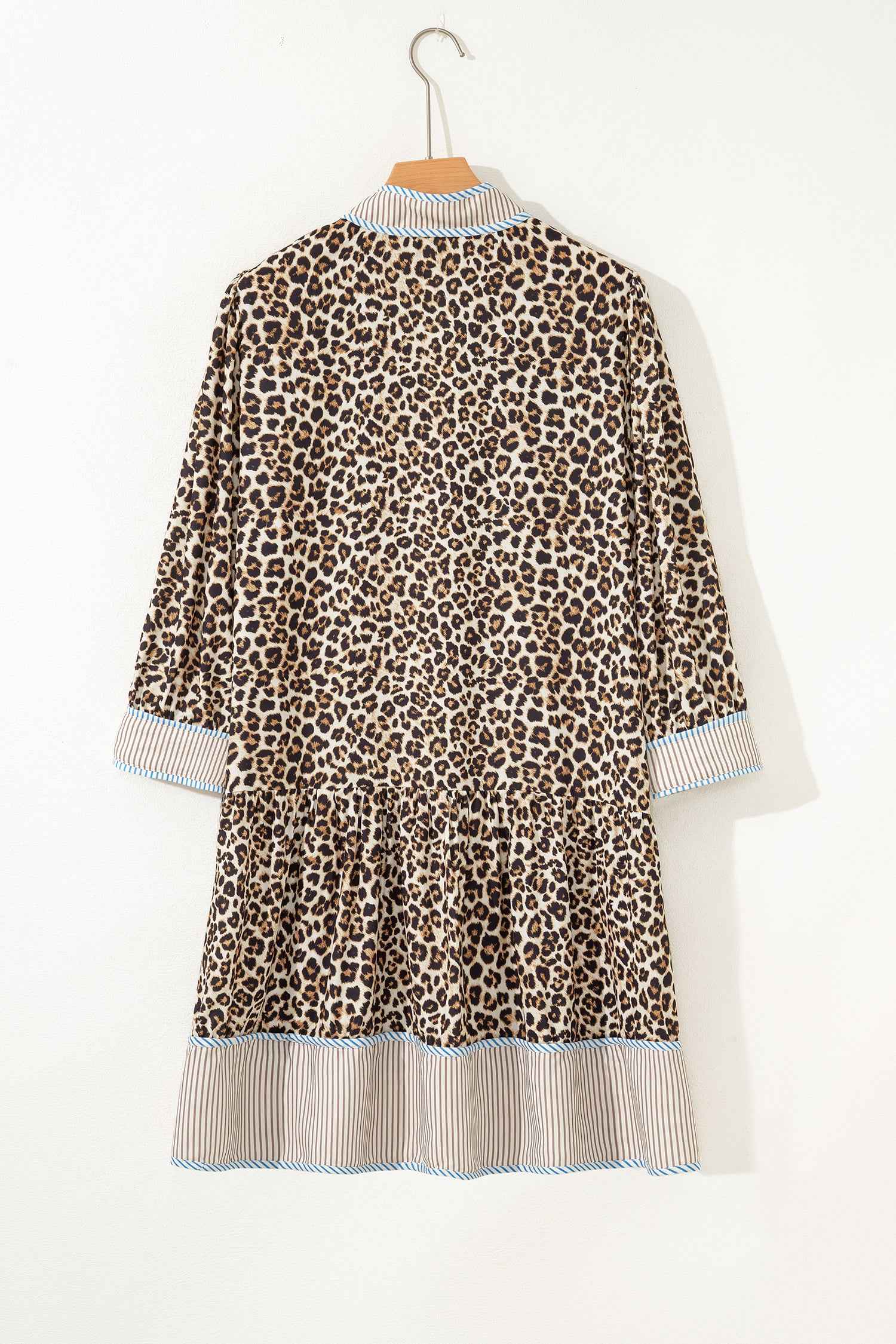 Khaki Plus Size Leopard Print Striped Trim V Neck Drop Waist Long Sleeve Mini Dress