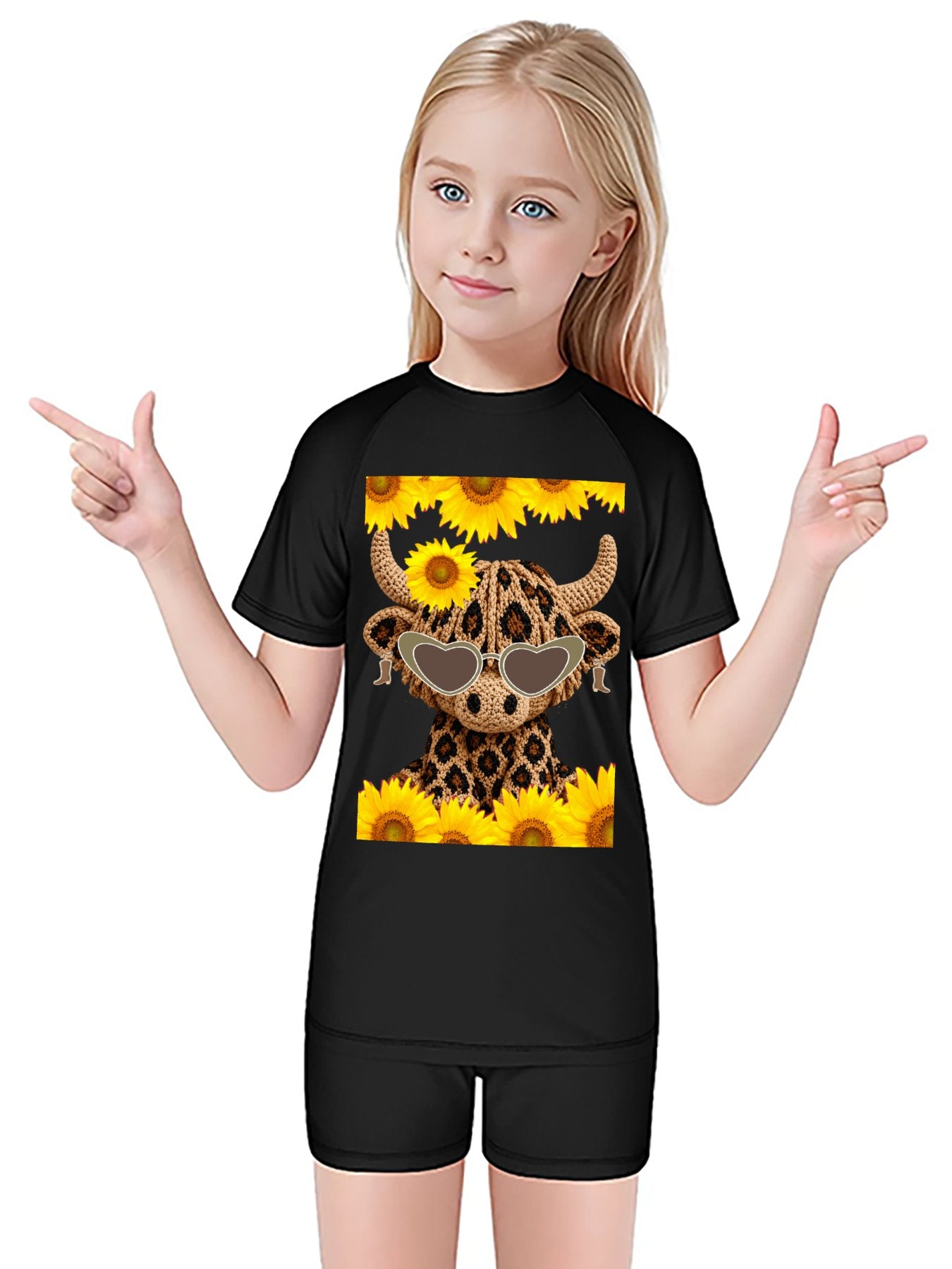 Yarn Highland Calf with Sunglasses Short Sleeved Swimsuit for Children (Front Printing)