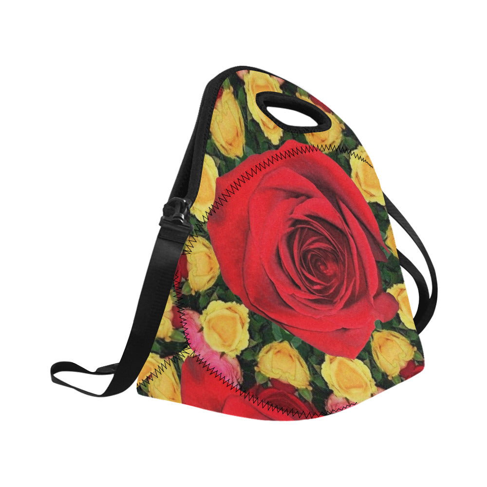 Red and Yellow Roses Large Neoprene Lunch Bag with Strap