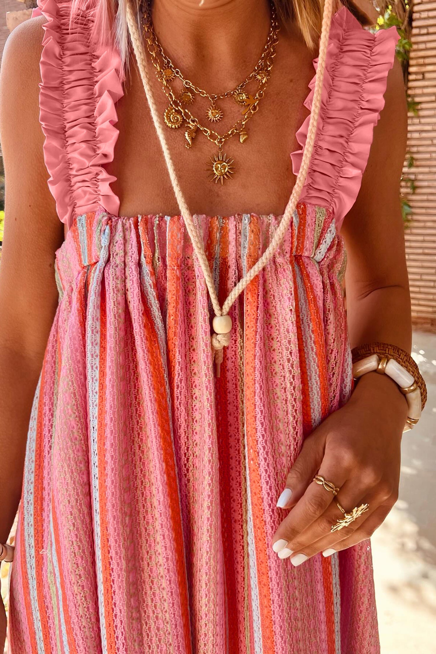 Stripe Textured Knit Ruffle Tie Back Maxi Dress