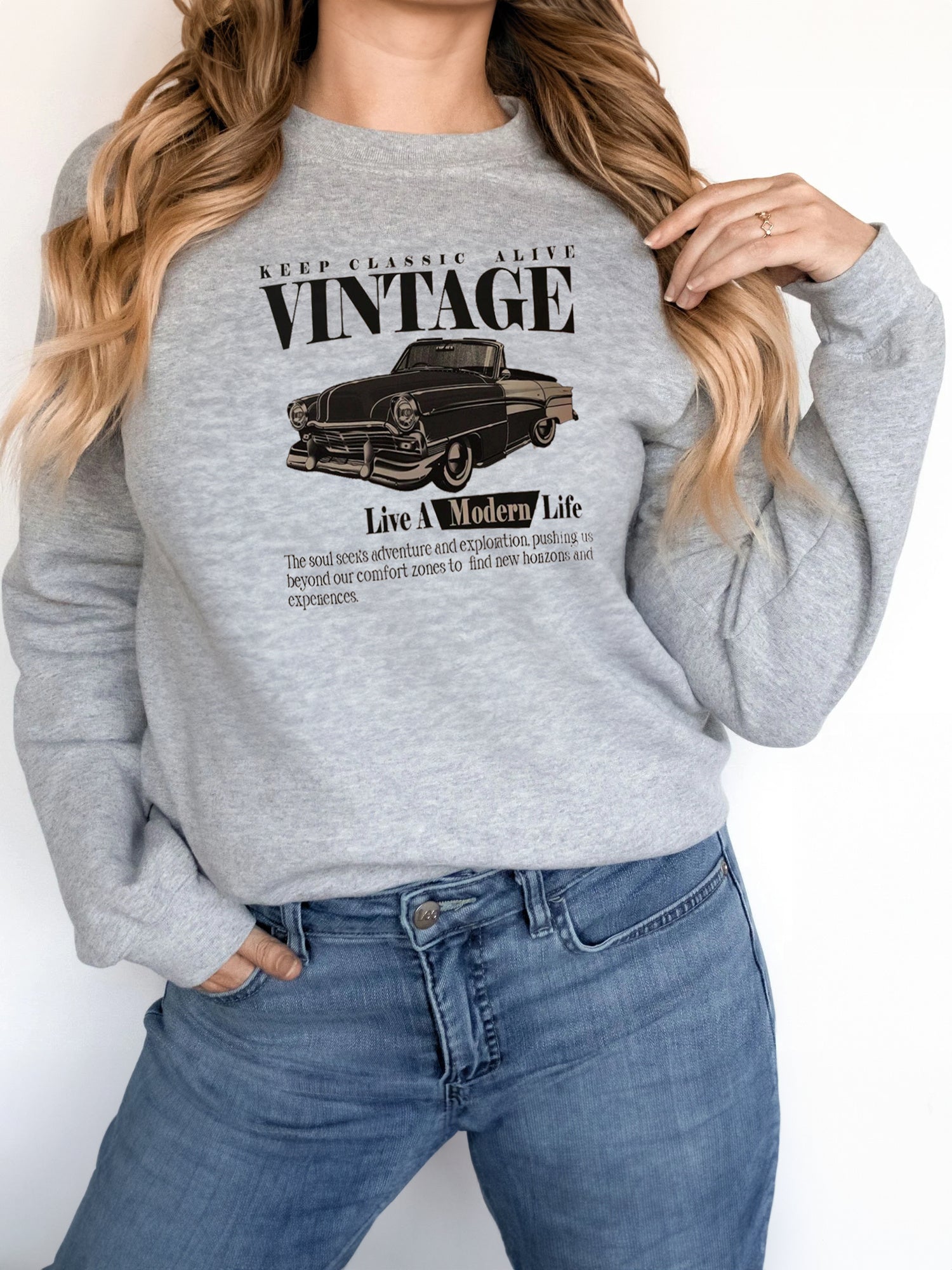 Women's Vintage Car Solid Color Long Sleeved Sweatshirt