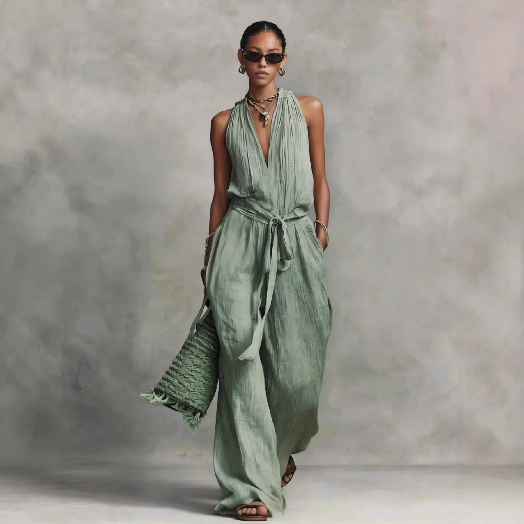Women's Casual Belted Sleeveless Cotton-blend Jumpsuit
