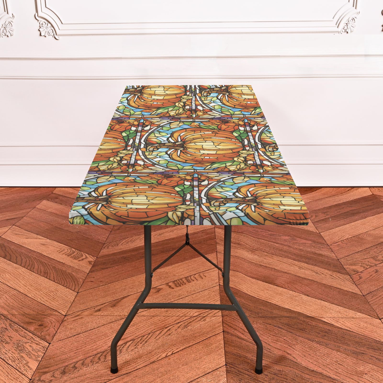 Thanksgiving Stained Glass Pumpkin Custom Elastic Fitted Tablecloth (Made in USA)