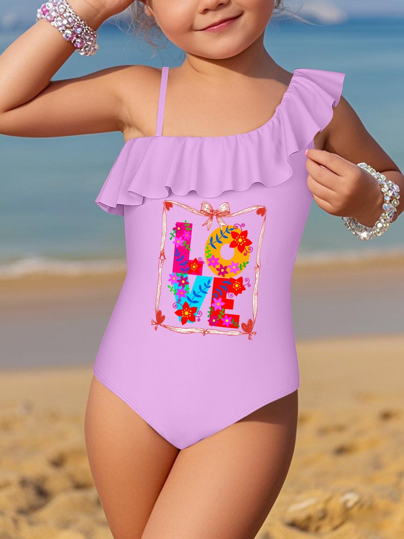Girl's Floral LOVE Ruffled One-Piece Swimsuit (Front Printing)