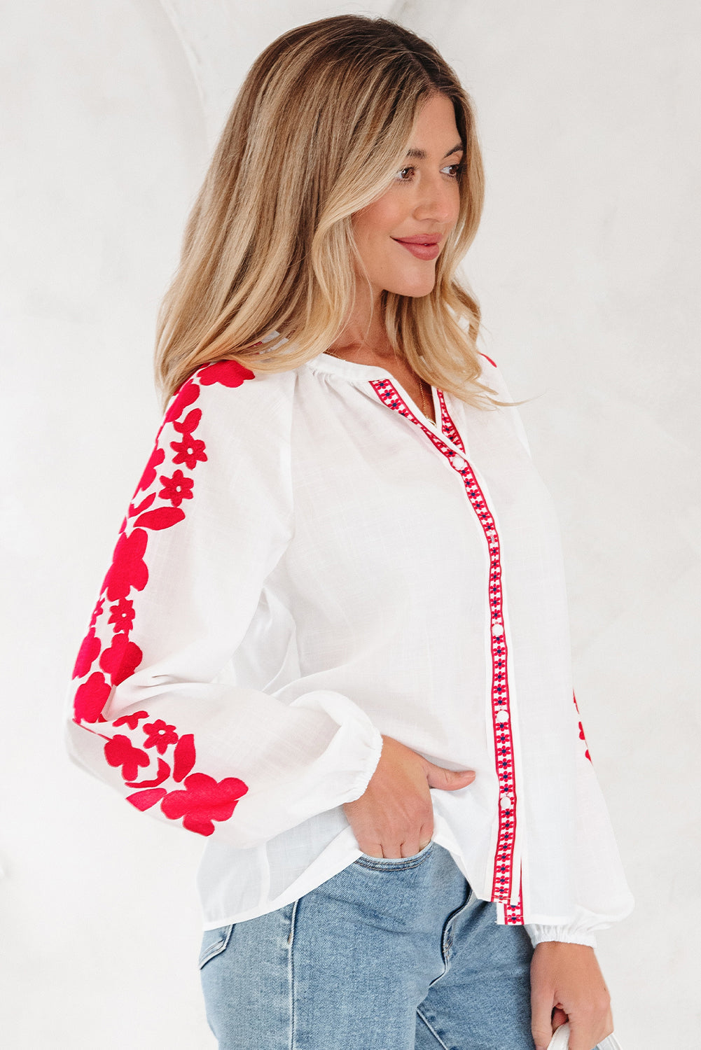 Floral Embroidered Puff Long Sleeve Shirt