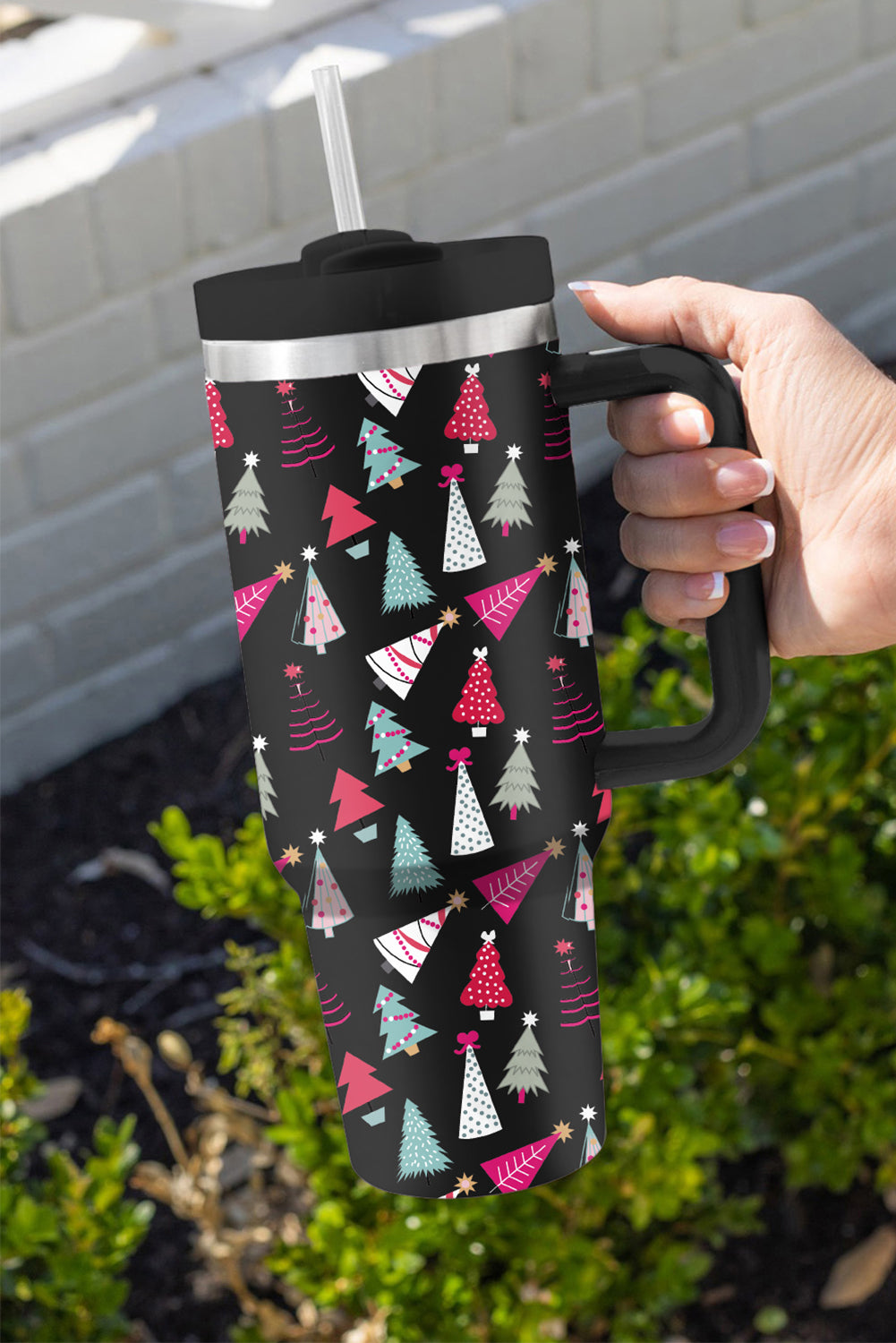 Christmas Tree Black Printed Travel Tumbler