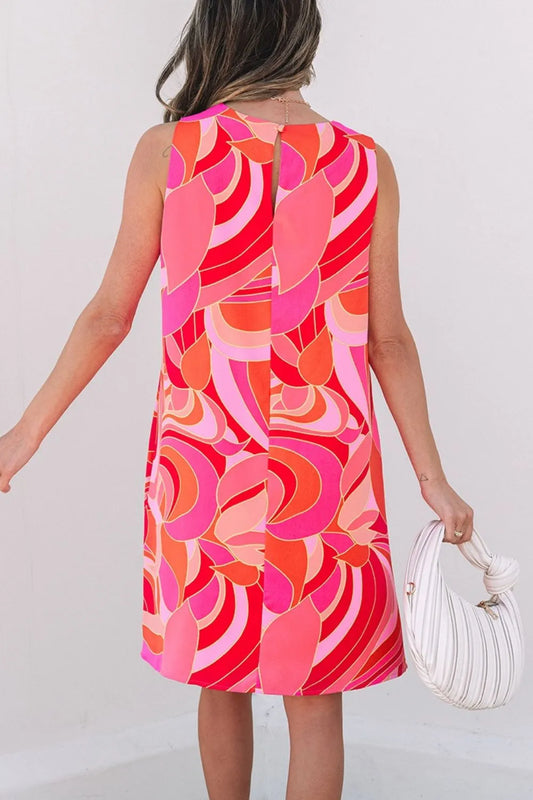 Abstract Floral Print Sleeveless Shift Mini Dress