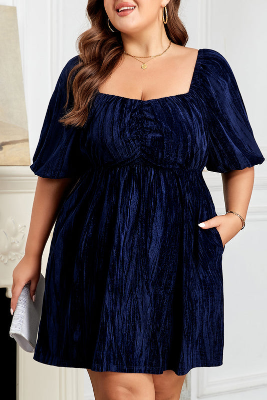 Women's Plus Size Ruched Velvet Puff Sleeve Mini Dress