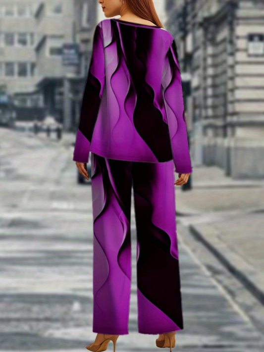 Vibrant Geometric Plus Size Long Sleeve Top and Wide Leg Pants Set