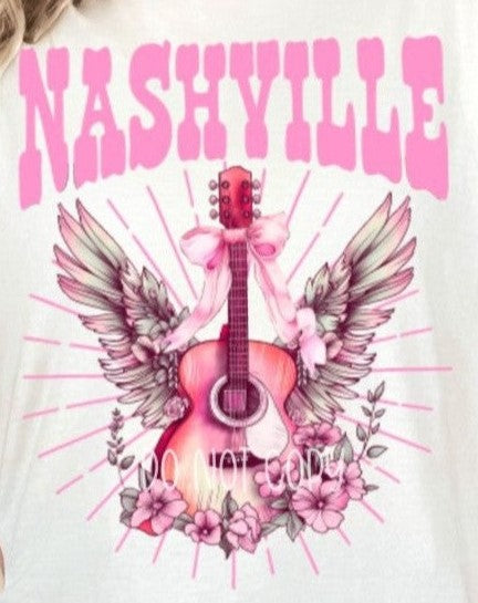 Nashville Pink Guitar with Wings Graphic T-shirt
