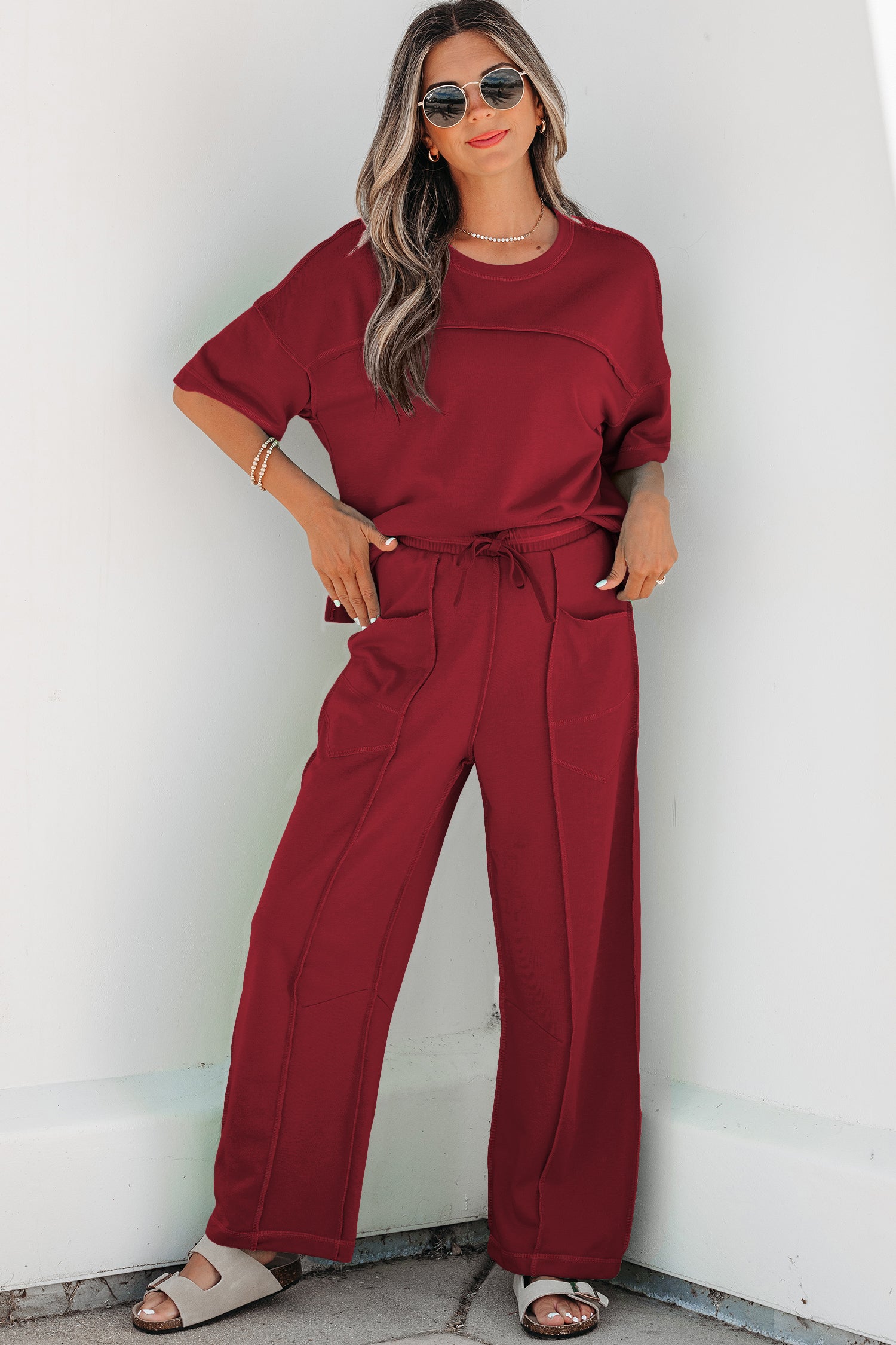 Rose Red Drop Shoulder Boxy Tee and Barrel Pants Set