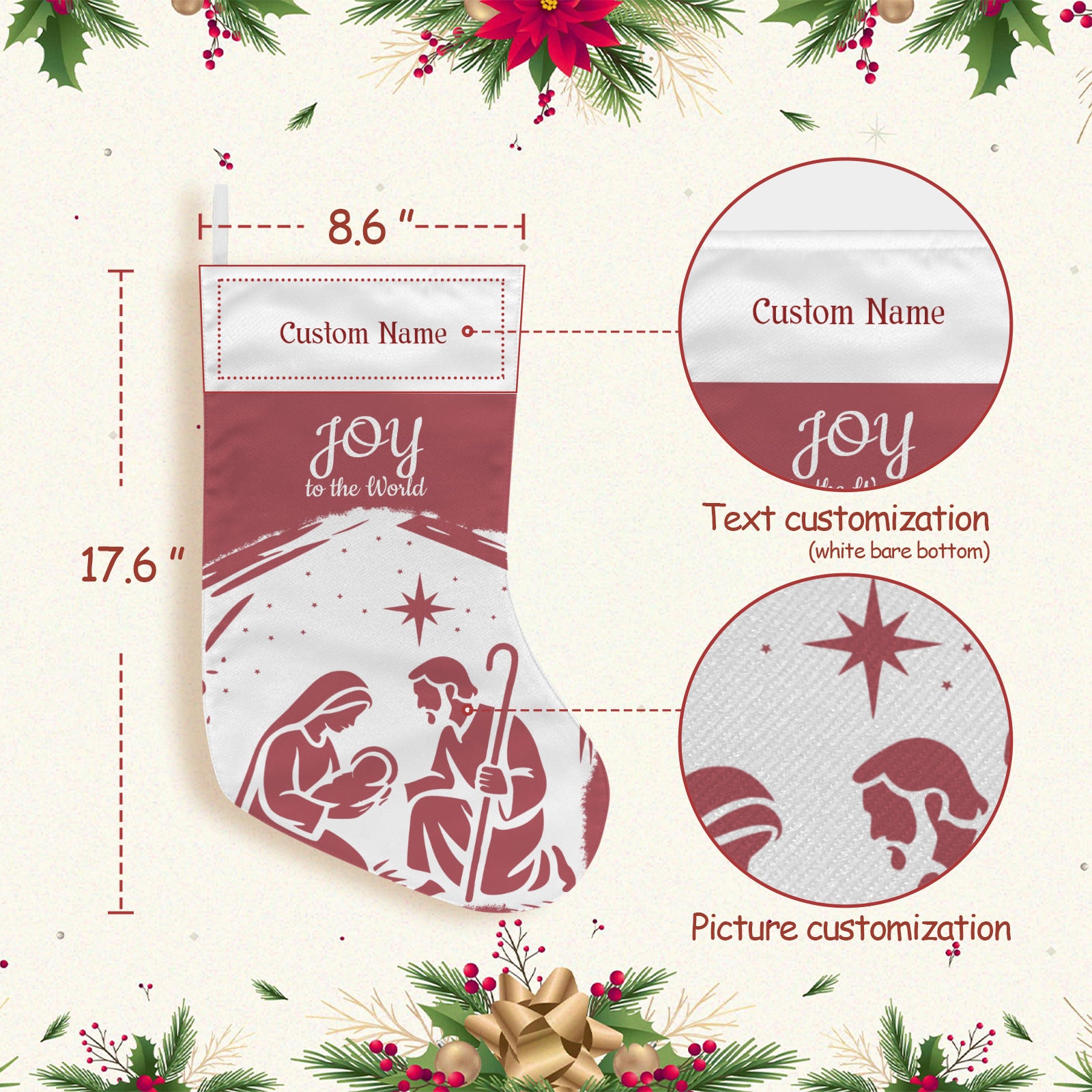 Personalizable Red Joy to the World Christmas Stocking (Made in USA)