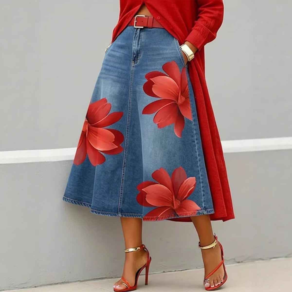 Women's Floral Print A-Line Midi Skirt – Denim-Style Boho Skirt